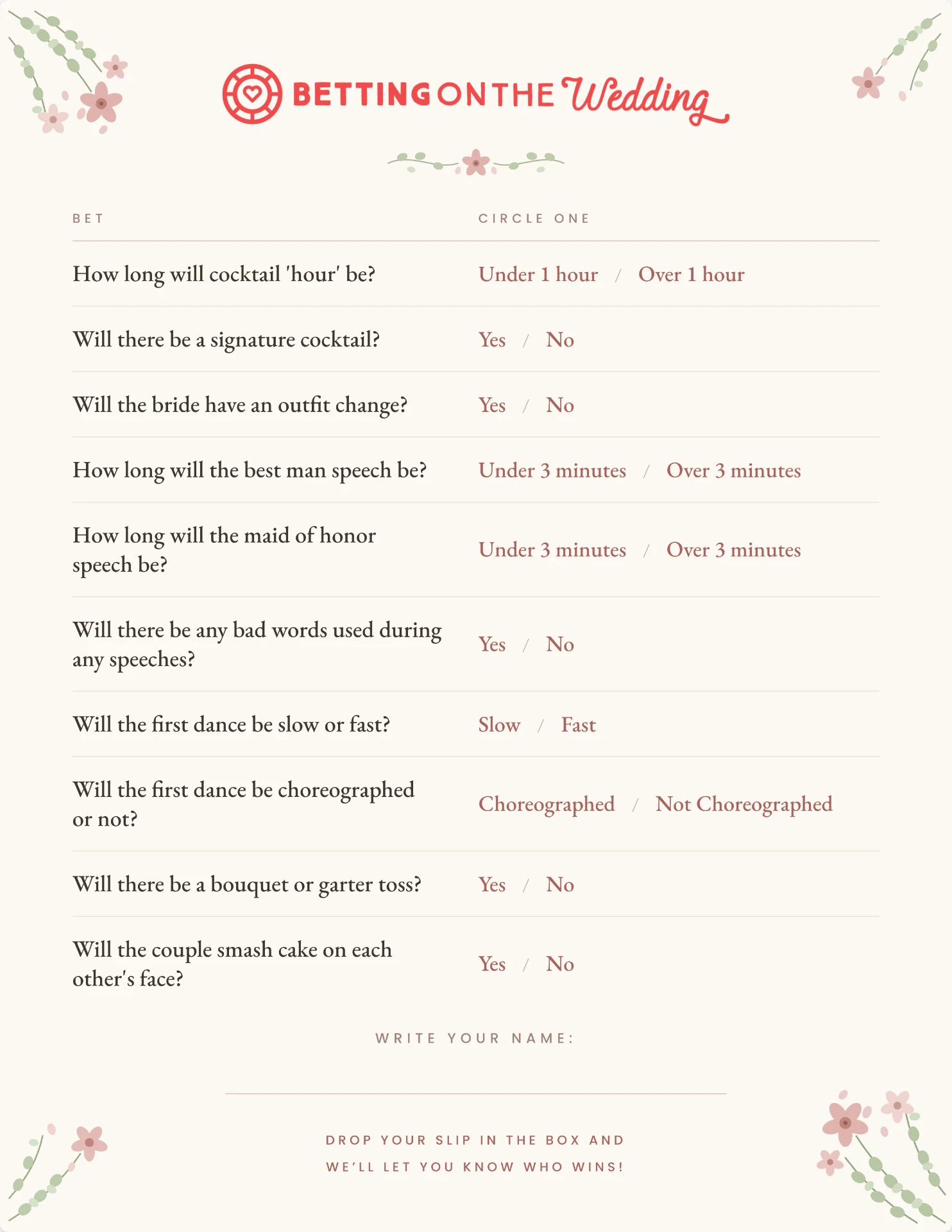 Printed wedding bet slip card with prop bet questions to circle, on cardstock