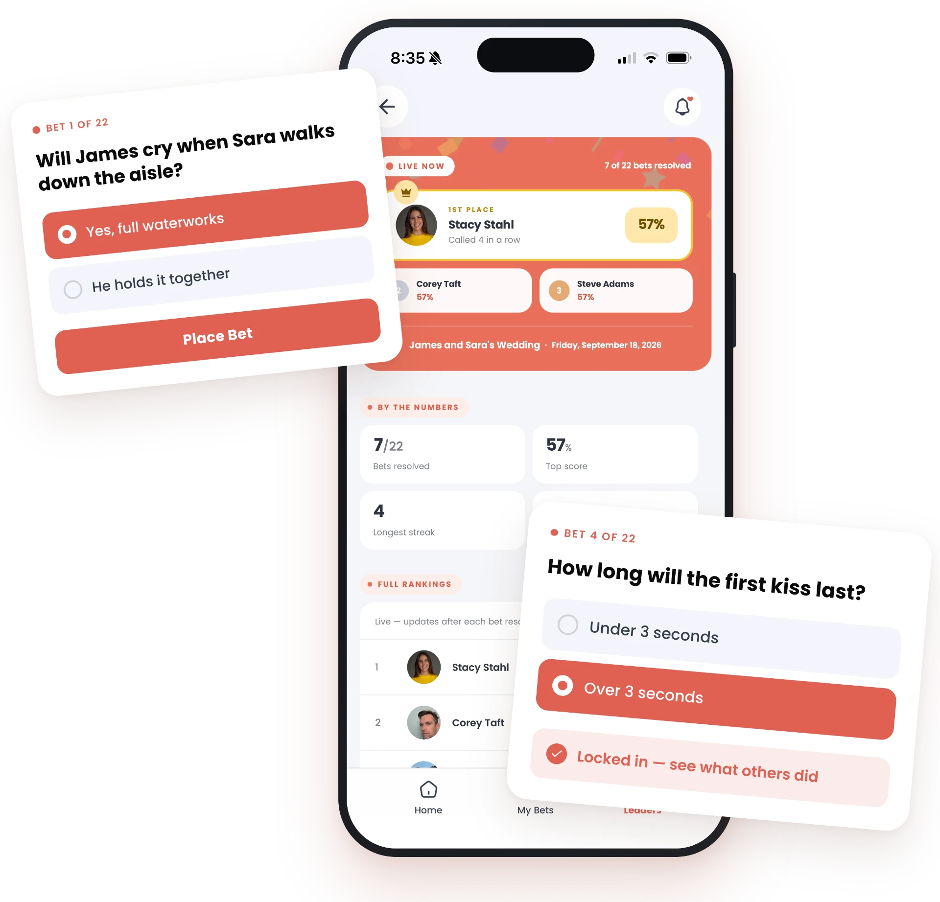 Betting on the Wedding app on a phone showing the live wedding betting leaderboard, with bet cards asking Will James cry when Sara walks down the aisle and How long will the first kiss be