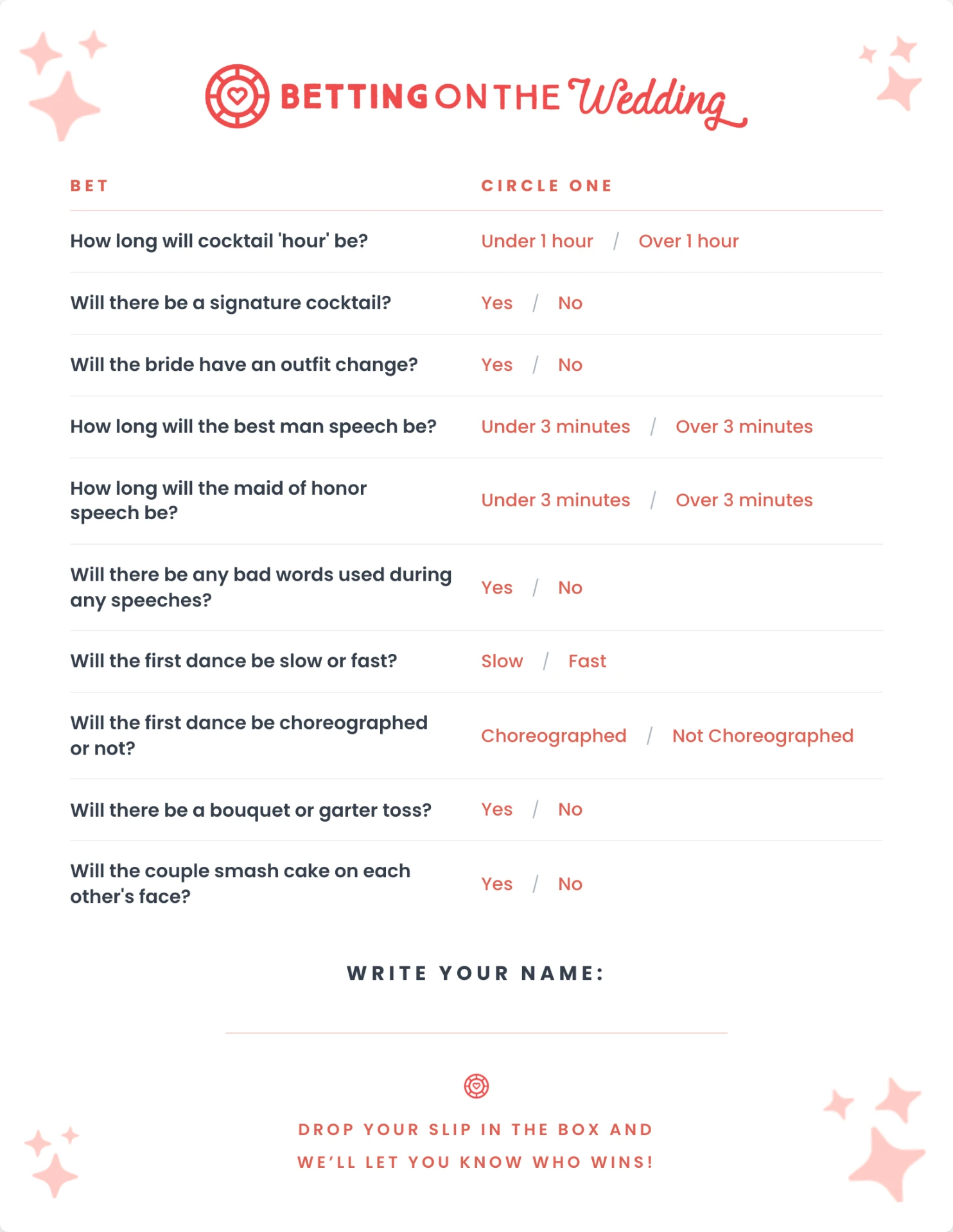 Printed wedding bet slip card with prop bet questions to circle, on cardstock