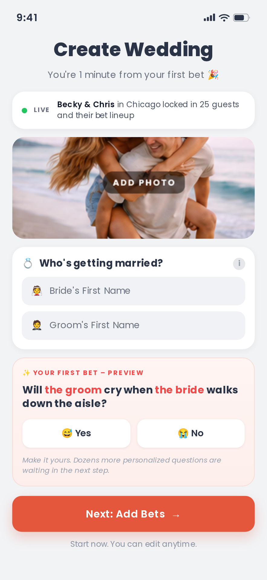 Betting on the Wedding app screen for creating a wedding with names and date
