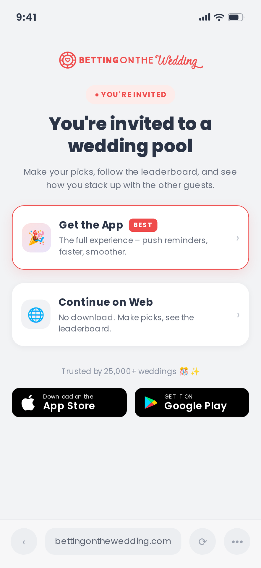 Guest invite screen offering to continue on the web with no download or get the app