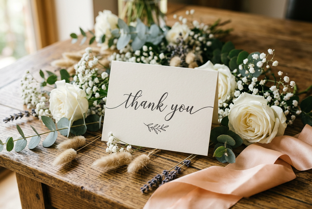Handwritten thank you card with dried wedding flowers and ribbon